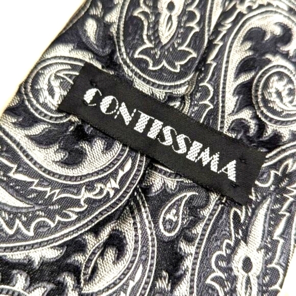 Vintage Men's Handmade Silk X-Long Black and Silver Paisley Print Tie - Picture 5 of 12